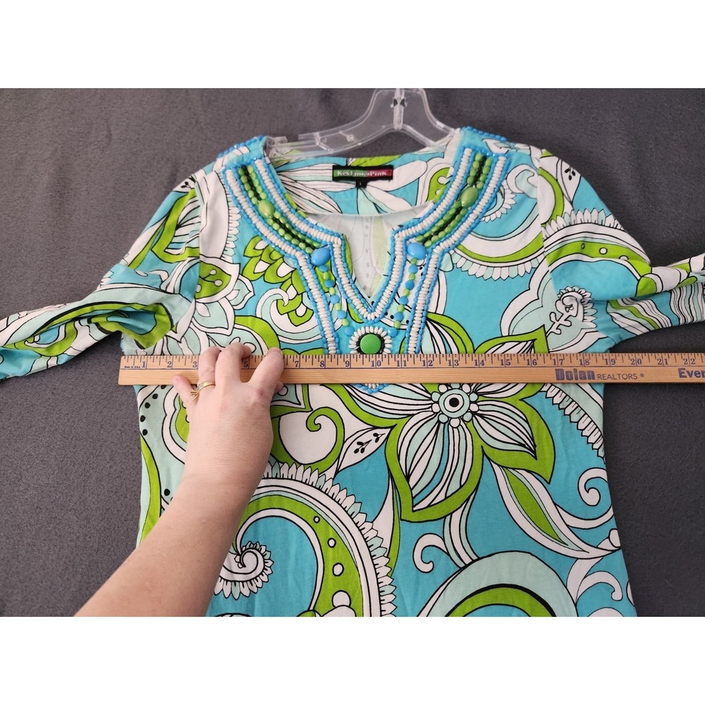 Key Lime & Pink Embelished Hippie Boho Tunic Top Dress Retro 90s Sz L 3/4 Sleeve - Picture 5 of 10